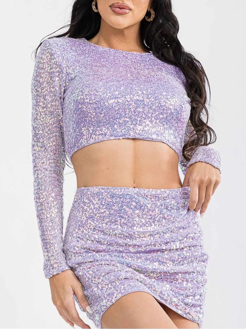 Lena Lyla Lilac Sequin Skirt Set Crop Top Mini Long Sleeve Concert New Small NWT